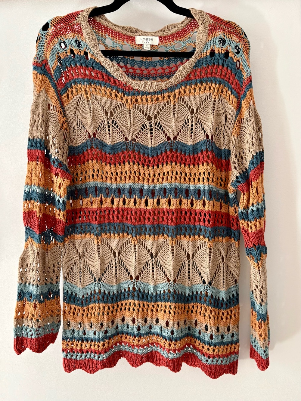 Umgee—Crochet Multicolor Stripes Loose Fit Sweater, Scalloped Hem (Small)